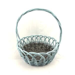 Light Blue Wicker Basket With Handle 16"x18" Vintage Cottagecore Home Decor
